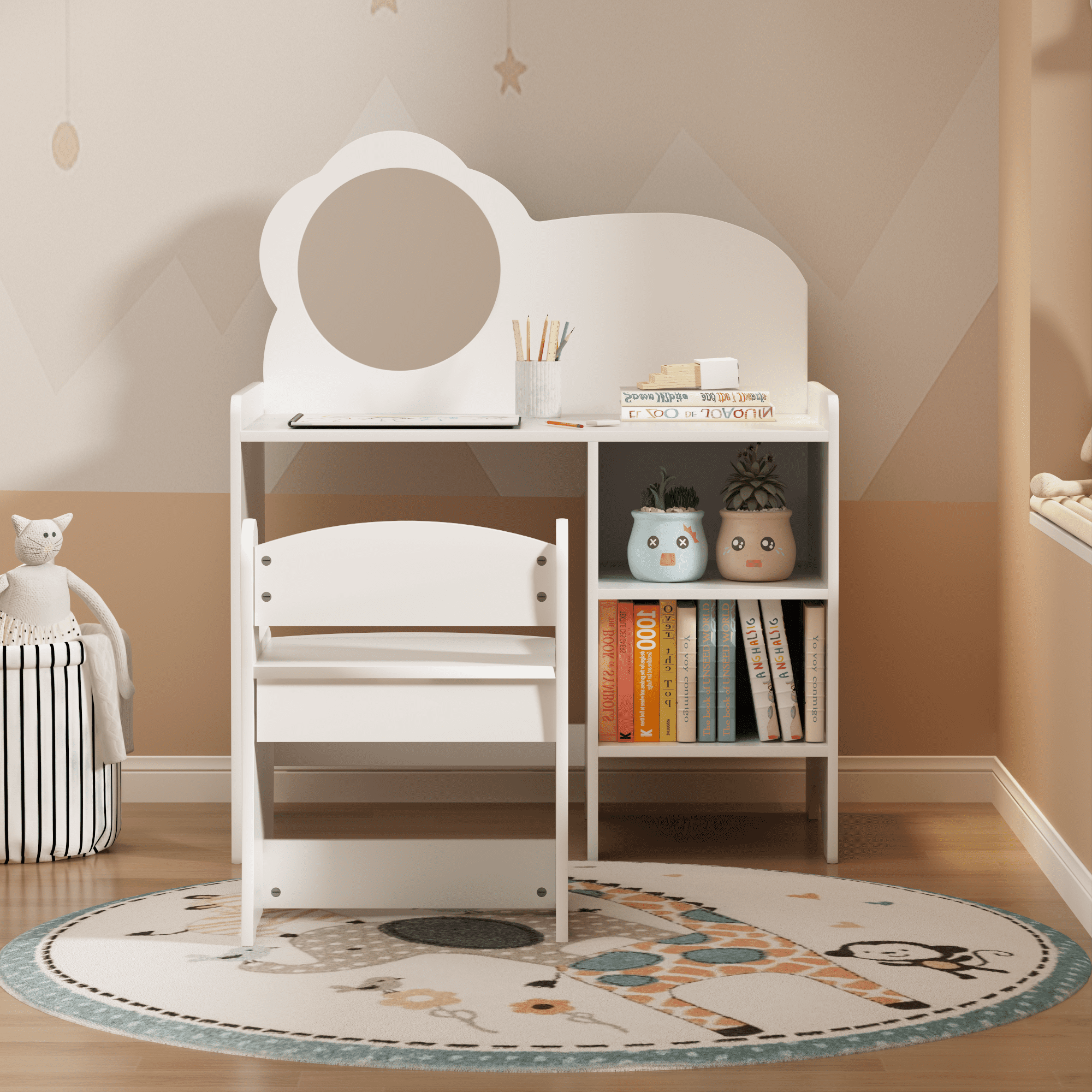 Kids Vanity Table with Mirror,Wooden Dressing Makeup Desk with Storage Shelves with Chair,Study Table for Bedroom,White