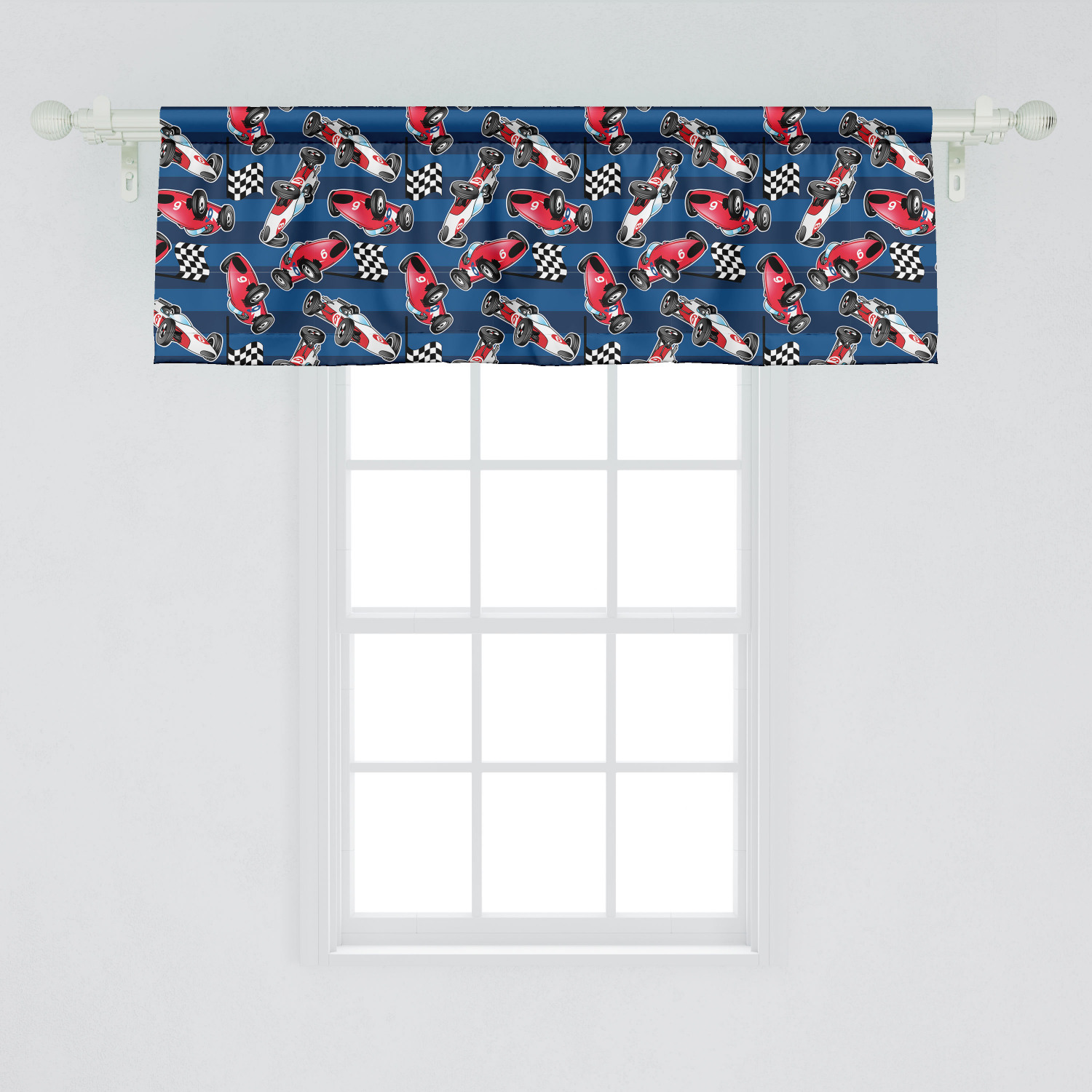 Cars Window Valance, Vintage Racing Cars on Blue Stripes with Checkered