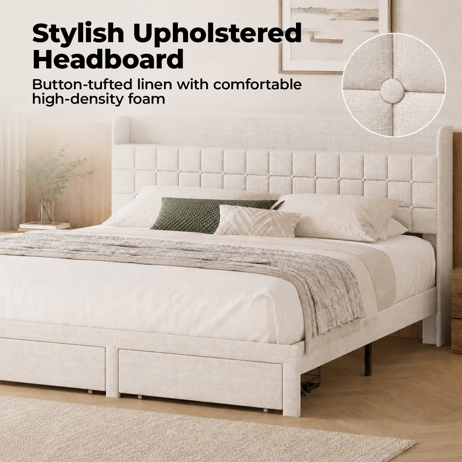 Alvantor Upholstered Bed Frame with 2 Storage Drawers and Fabric Headboard, Full Size, Heavy Duty Metal Platform, Easy Assembly