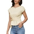 thumbnail image 1 of INSPIRAR CHIC Top de trabajo para mujeres, manga corta, cuello redondo, camisas de negocios casuales con cinturón L color albaricoque, 1 of 6