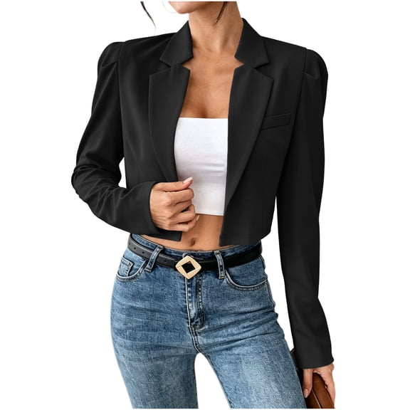 Dvprdro Open Front Blazer for Women Cropped Length Long Sleeve Stand Collar Light weight Work Jacket Solid