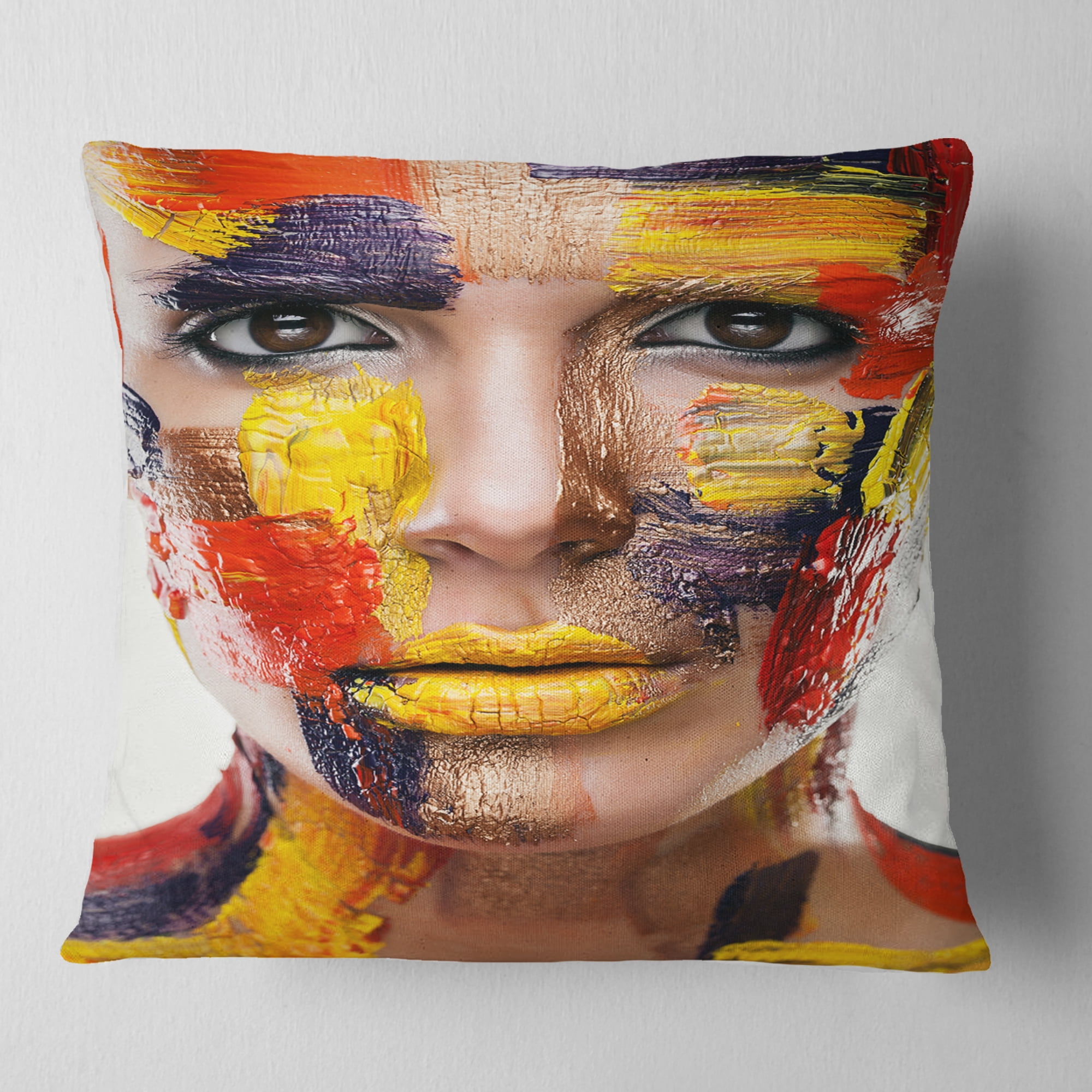 Designart Woman with Colorful Face - Contemporary Throw Pillow - 16x16