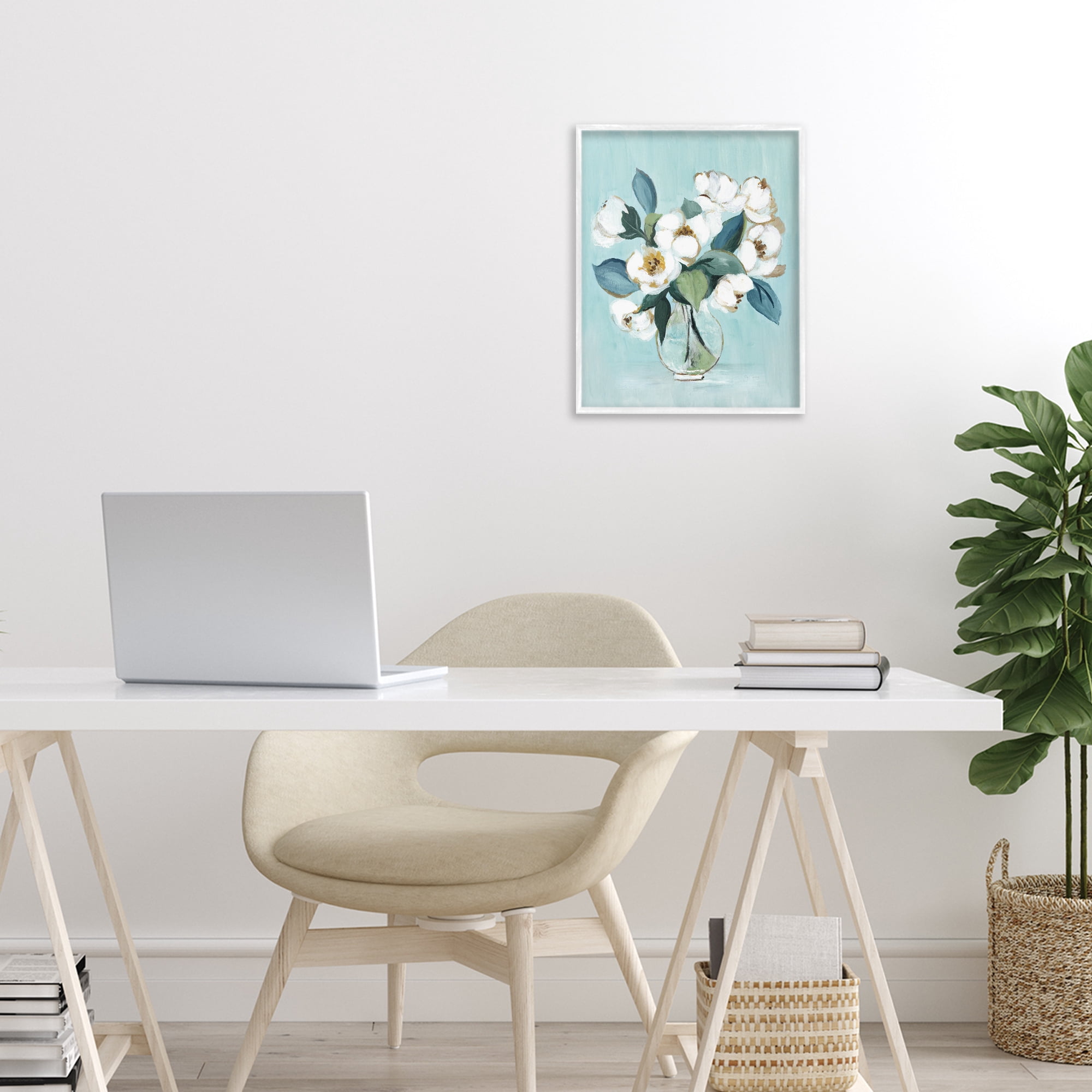 Stupell Industries Magnolia Arrangement over Blue White Framed Giclee Art, design by Janet Tava