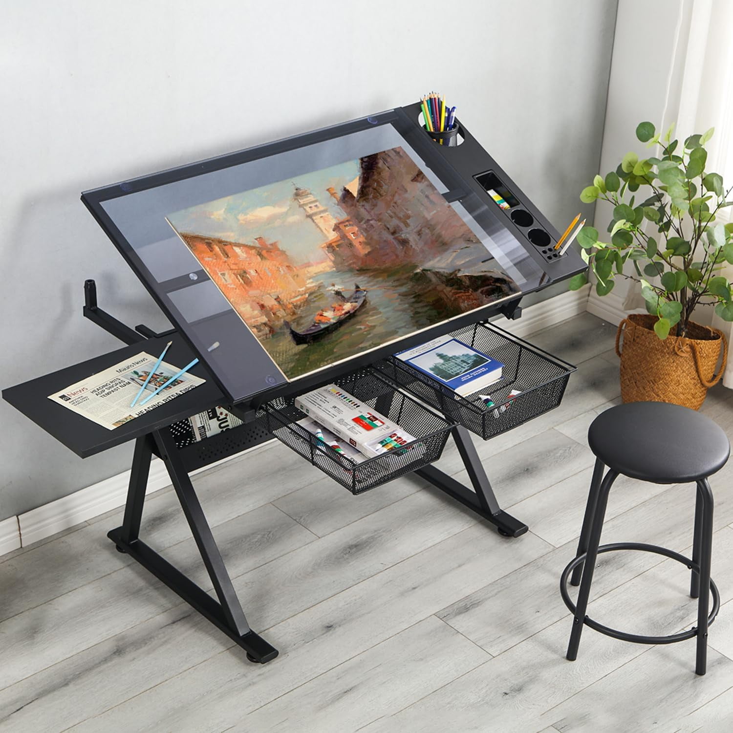 Alvin Creative Center White Base Onyx Table with Drafting Chair