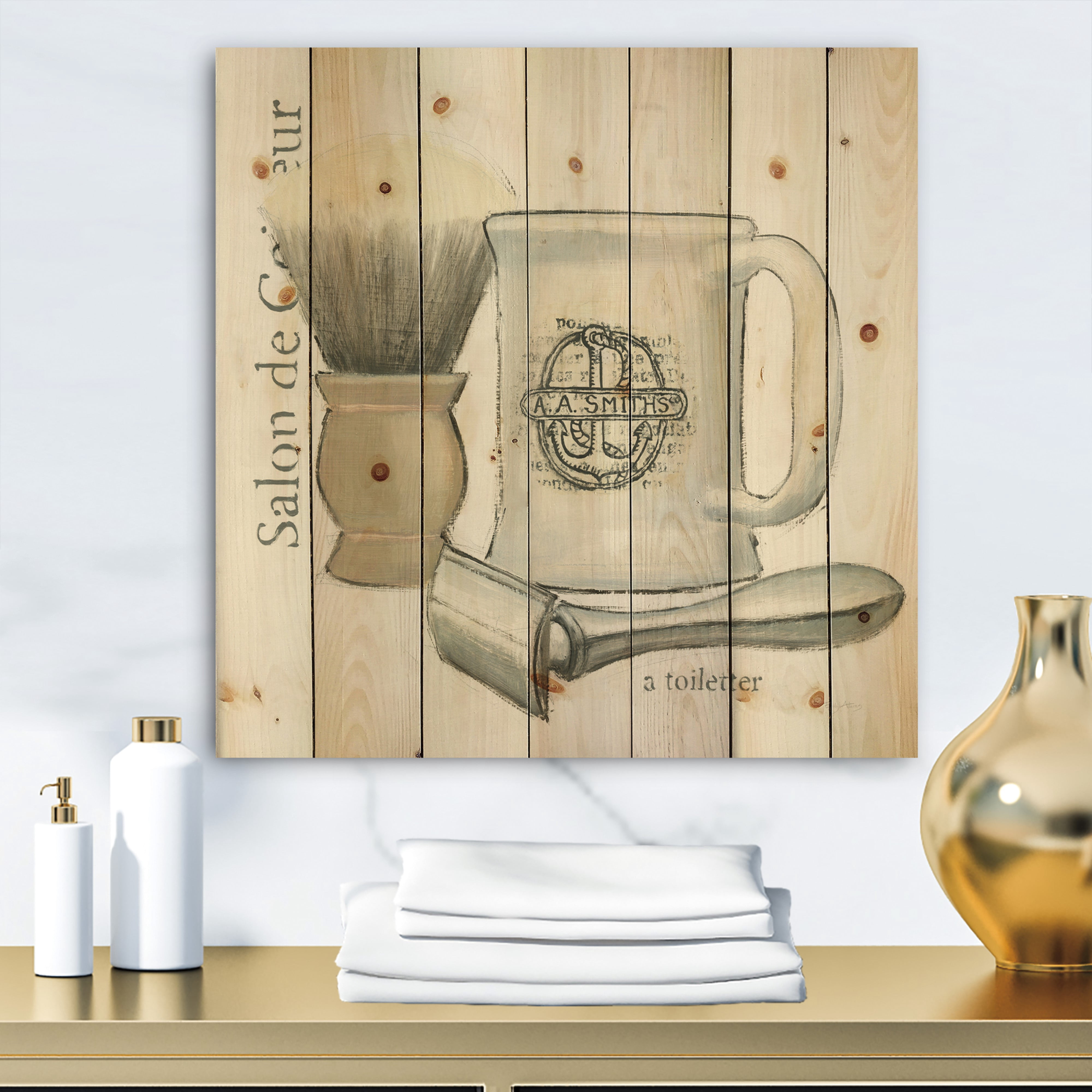 Designart 'Perfume Glam Bathroom III' Traditional Bathroom Print on Natural Pine Wood