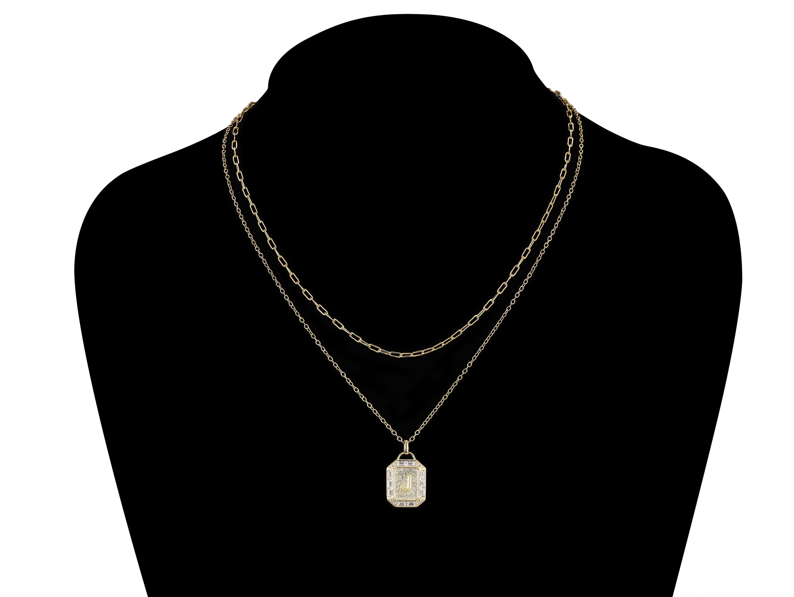 Adult 14KT Gold Flash Plated Initial Double Necklace Set with Simulated Diamonds