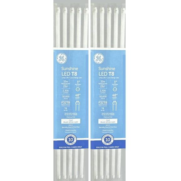 (case of 20 tubes) GE Lighting 30609 LED Tube 48 inch T8, 15 watt, 2300 lumen, 5000K Daylight, Type A Plug and Pay replacement for 4ft T8 Fluorescent Lamp