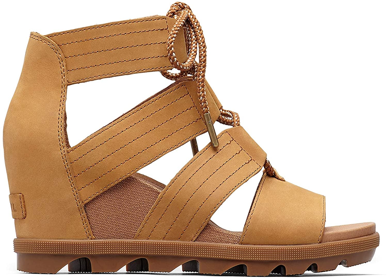 Lace Wedge Sandals, Camel Brown 