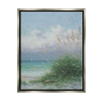 Ocean Waves Beach Reeds Coastal Painting Luster Gray Framed Art Print Wall Art