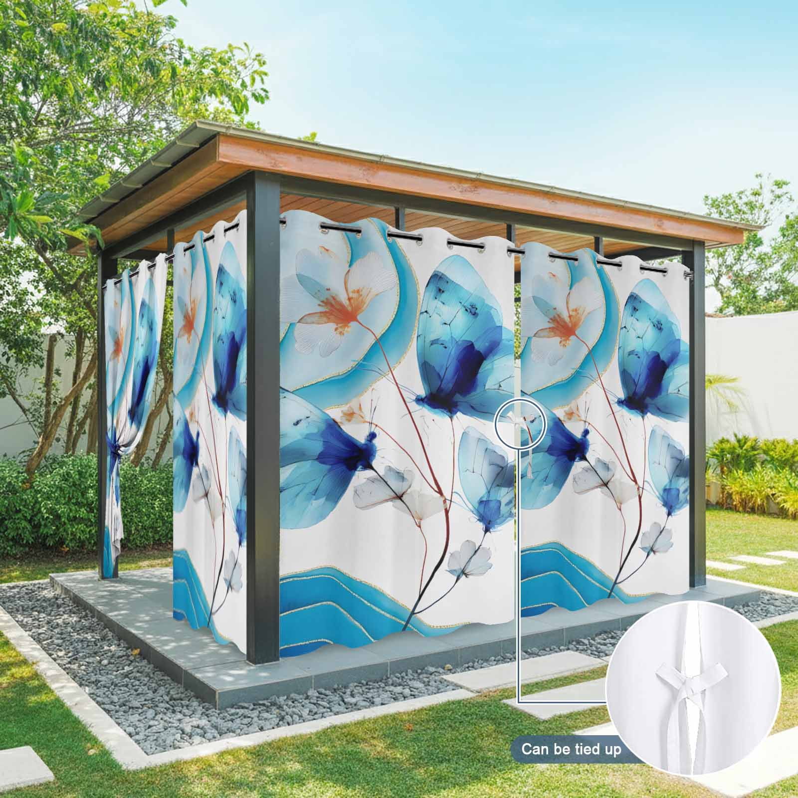Blue Butterfly Outdoor Curtains for Patio, Watercolor White Flowers Ocean Wave Modern Sunshade Privacy Drapes Grommet Waterproof Outside Curtains for Porch/Cabana/Balcony 54"x 108", 1 Panel