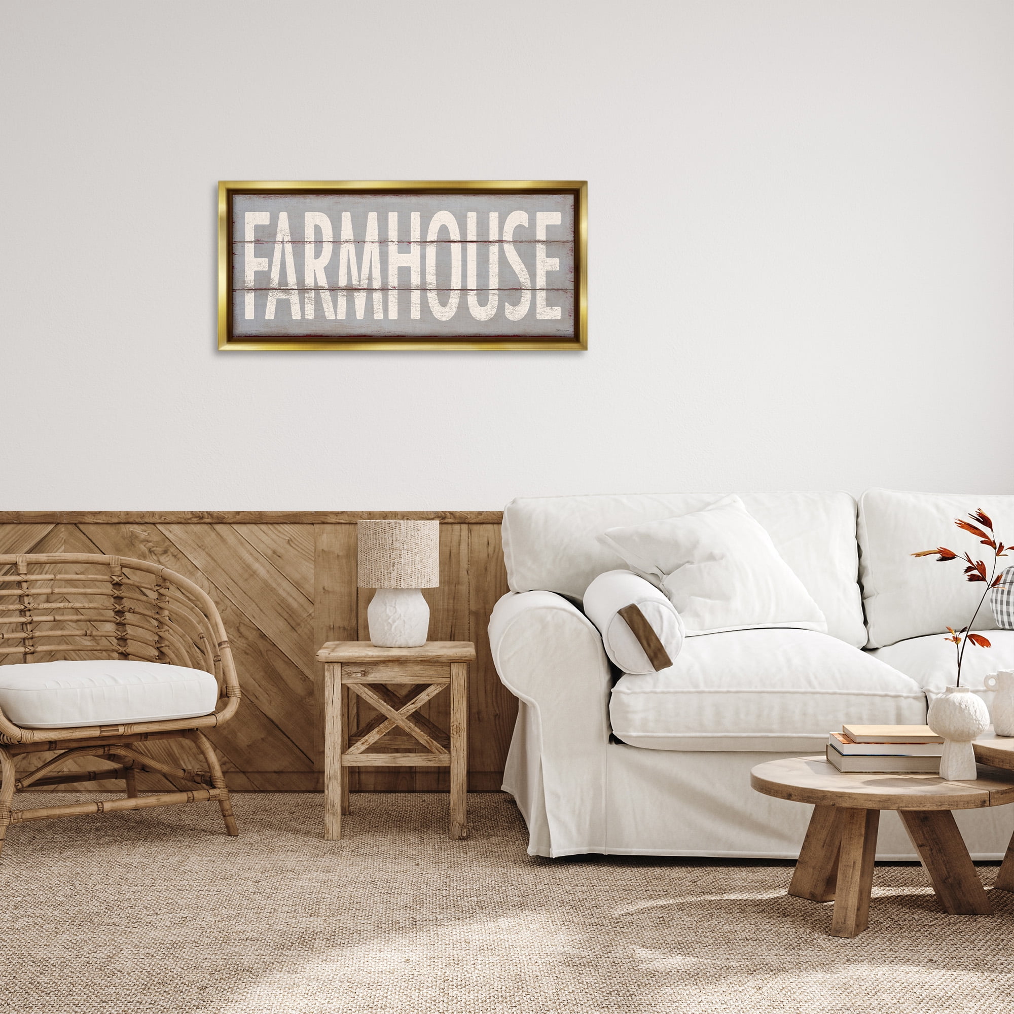 Stupell Industries Farmhouse Rustic Planked Design Typography Painting Gold Floater Framed Canvas Art Print Wall Art, 31 x 14
