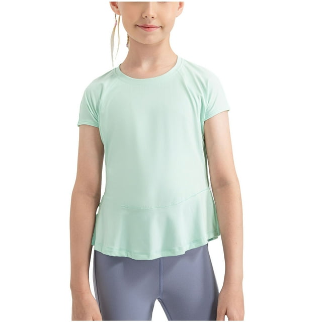 Posijego Girls Dance Tops Side Split Round Neck Short Sleeve T-Shirts Quick Dry Workout Running Athletic Tees