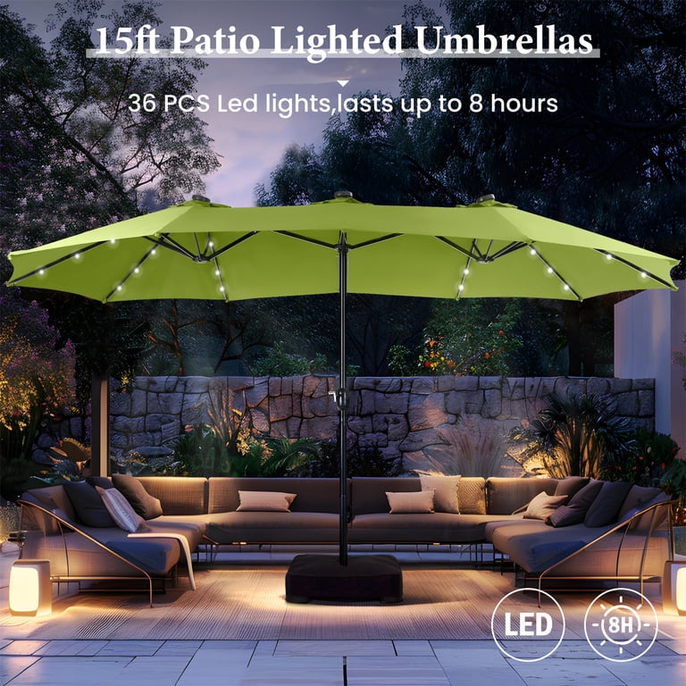 Summit Living 15 ft Double-Sided Solar Patio Umbrella with Base Large Outdoor Umbrella with LED Solar Lights - Lime Green