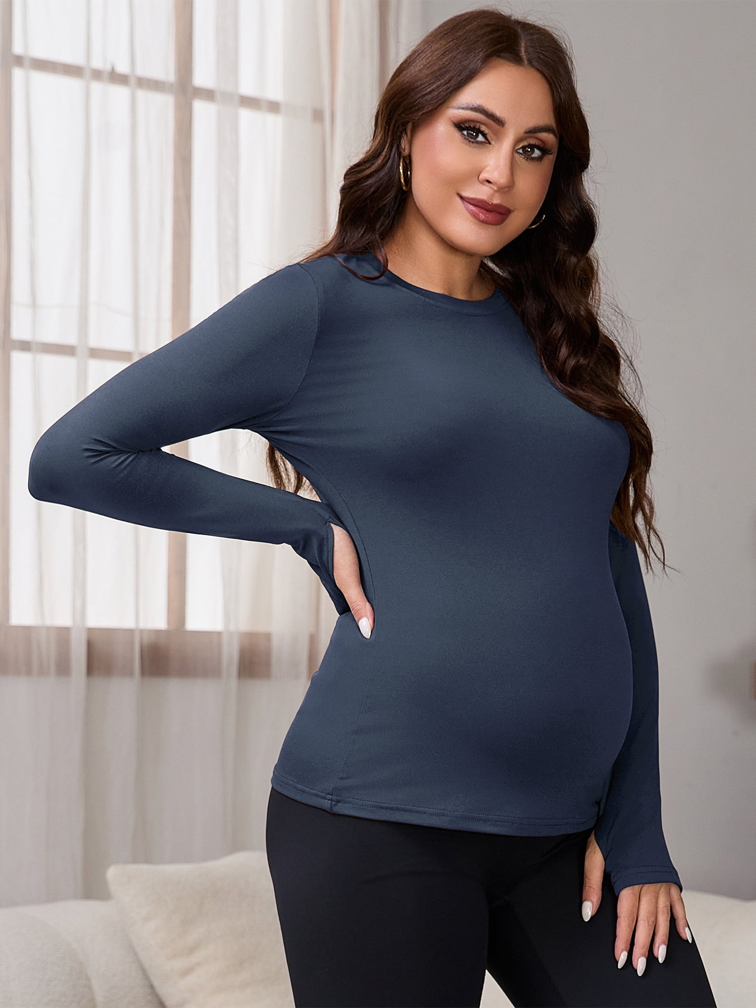 DARING DIVA Women's Maternity Stretchy Fitted Crew Neck Long Sleeve Tops M Navy Blue