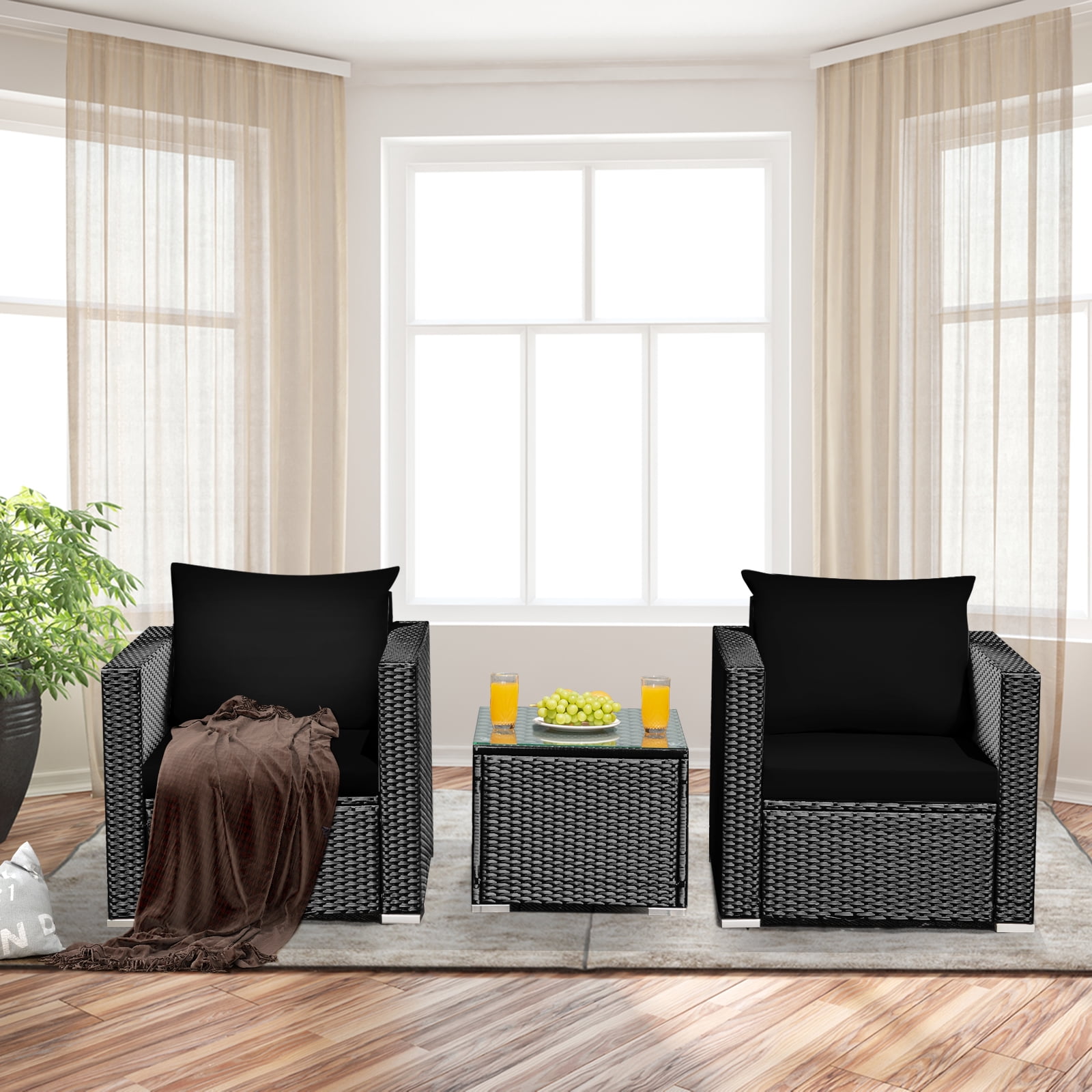 Patiojoy 3PCS Patio Rattan Furniture Conversation Set with 2 Cushioned Sofas & Coffee Table for Outdoor Black