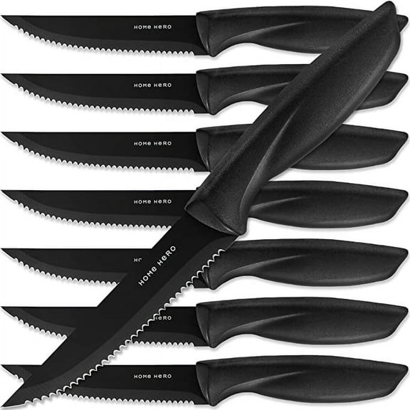 Home Hero - Steak Knives - Serrated Kitchen Steak Knives Set - Dishwasher Safe - 6 Pcs, Black