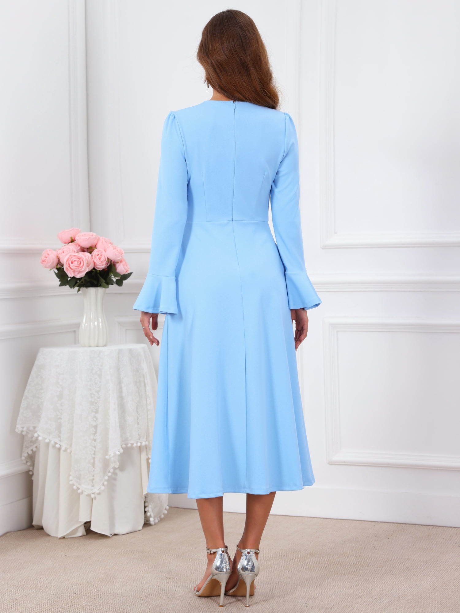 DARING DIVA Women's Formal Bell Sleeve Crewneck A-Line Pockets Dress M Sky Blue