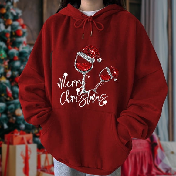 WITORNTS Tops for Women Trendy,Women's Fashion Long Sleeves Christmas Print Loose Hooded Tops,Blouse Sweatshirts