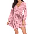 thumbnail image 5 of Aiyino Women's Dress Deep V-Neck Long Sleeve Waist Tie Ruffle Mini Swing Skater Dresses,Floral Pink, 5 of 7