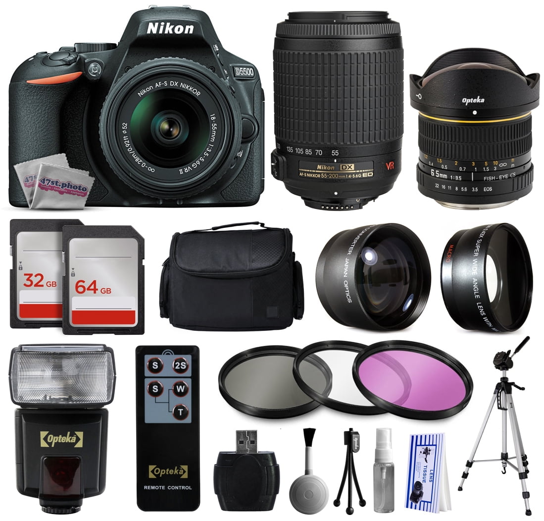 Nikon D5500 DSLR Digital Camera with AFS 18-55mm Lens (1546) + 55-200mm VR  Lens + Opteka 6.5mm f/3.5 Fisheye Lens + 96GB Memory + Case + 2.2x 