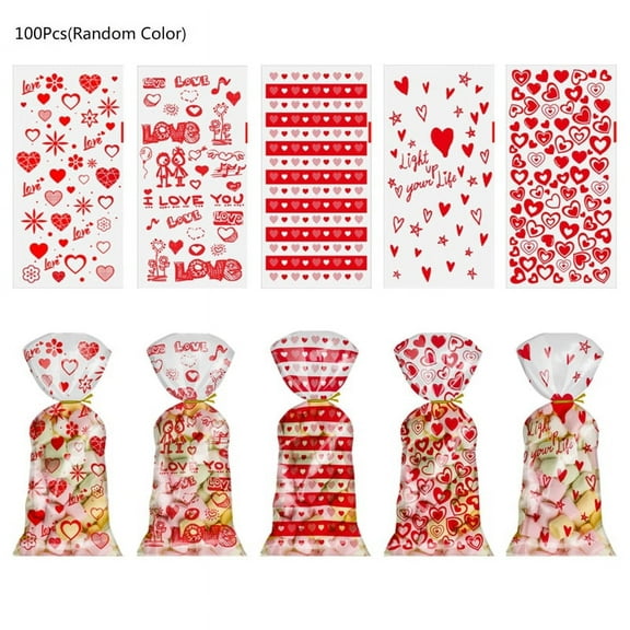 100 Pieces Clear Treat Bags Valentine's Day Heart Pattern with Twist Ties Gift suitable for DIY Gift Bags Candy Bags