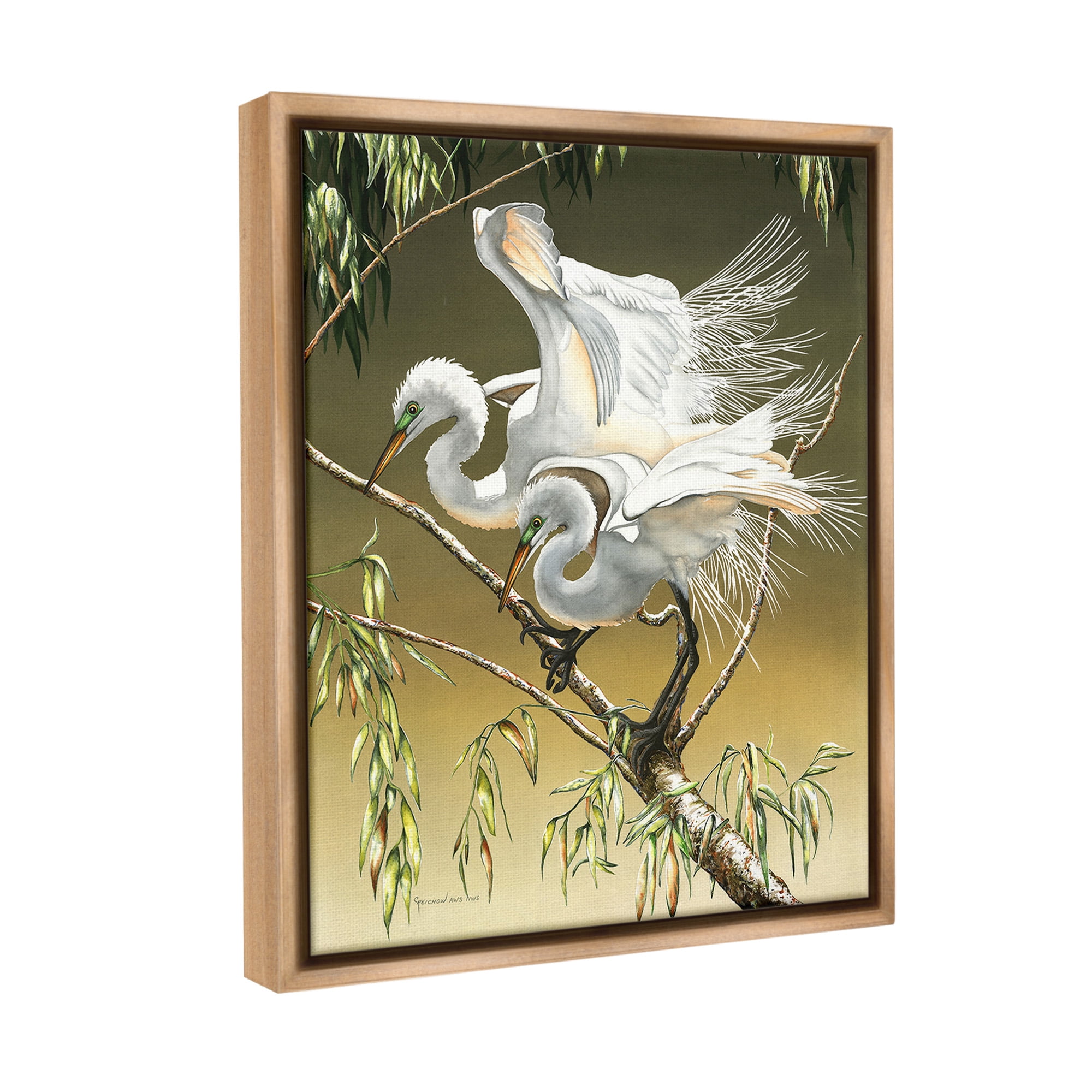 Stupell Industries Egrets Perched on Branch Animals & Insects Painting Brown Floater Framed Canvas Art Print Wall Art, 17 x 21