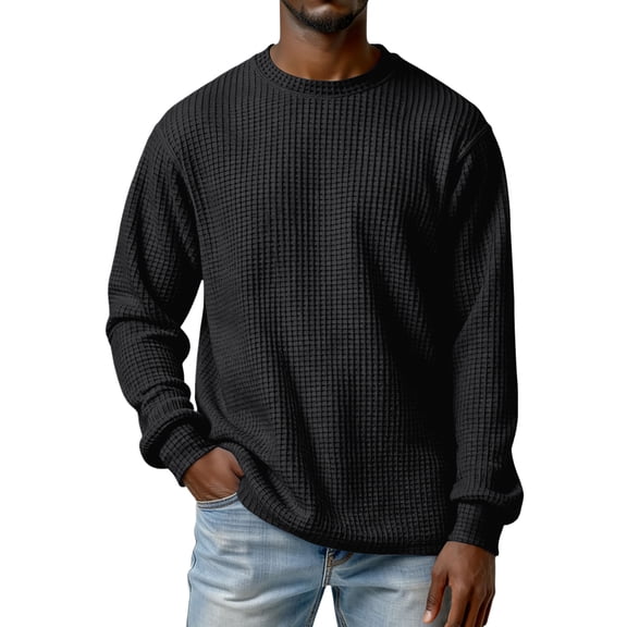Fabrcox Mens Long Sleeve Waffle Shirts Knit Mens Crew Neck Tee Shirts Big and Tall Spring Outdoor Hiking Athletic Shirts for Men Black M