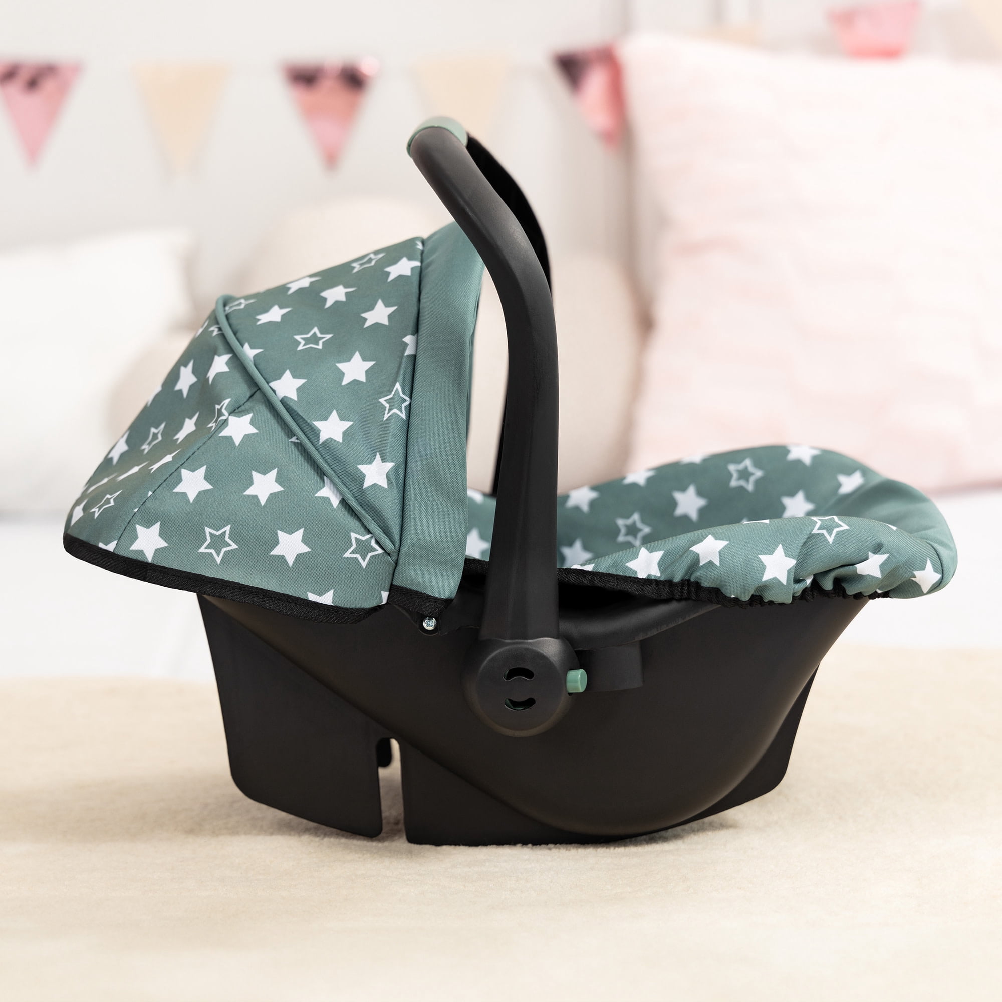 Bayer Design: Doll Deluxe Car Seat - Green-White-Star - Portable Travel Carrier For Dolls Up To 18", Sunshade & Carry Handle, Use As Rocker, Kid 3+