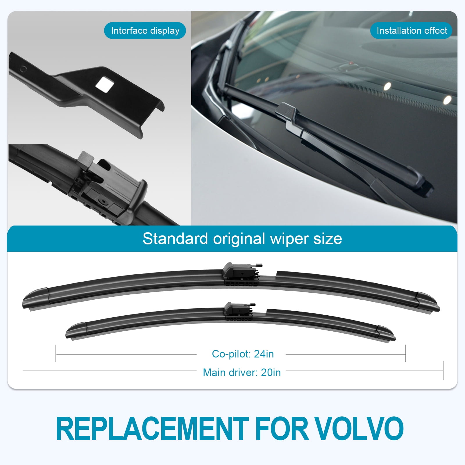 LADEWEU® 3 Wipers 24"+20" Sprayer Wiper Blades Automotive Front Windshield Wipers Replacement for Volvo V60 2019 2020 2021 2022,Not Heated Easy DIY Install (Set of 2)