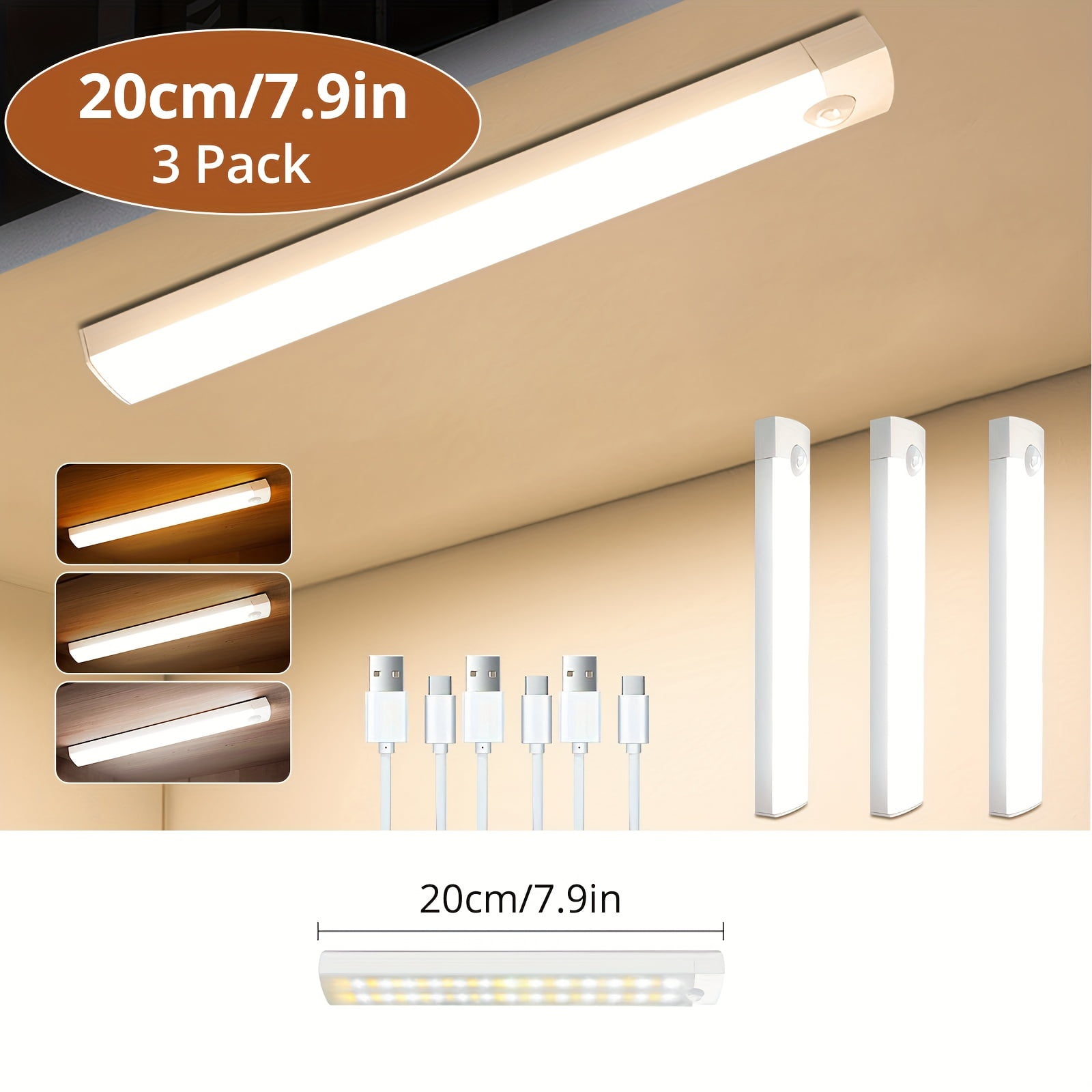 3Pack Dimmable Motion Sensor Cabinet Light - Wireless Magnetic USB Rechargeable, 3 Color Temps, Under Counter Lighting for Kitchen Closet Wardrobe Hallway Stairs