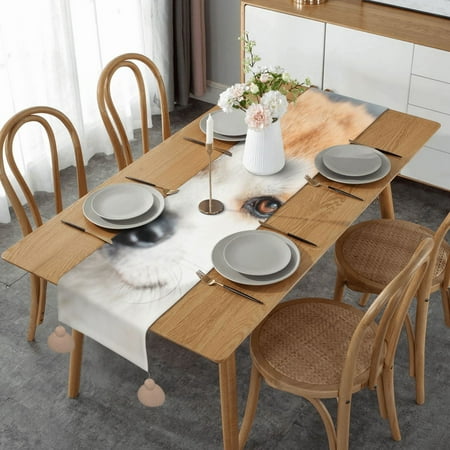 

Japanese Akita Dog Pattern Table Runner Imitation Linen Table Runner With Khaki Tassels For Party And Dining Room 14 x 60