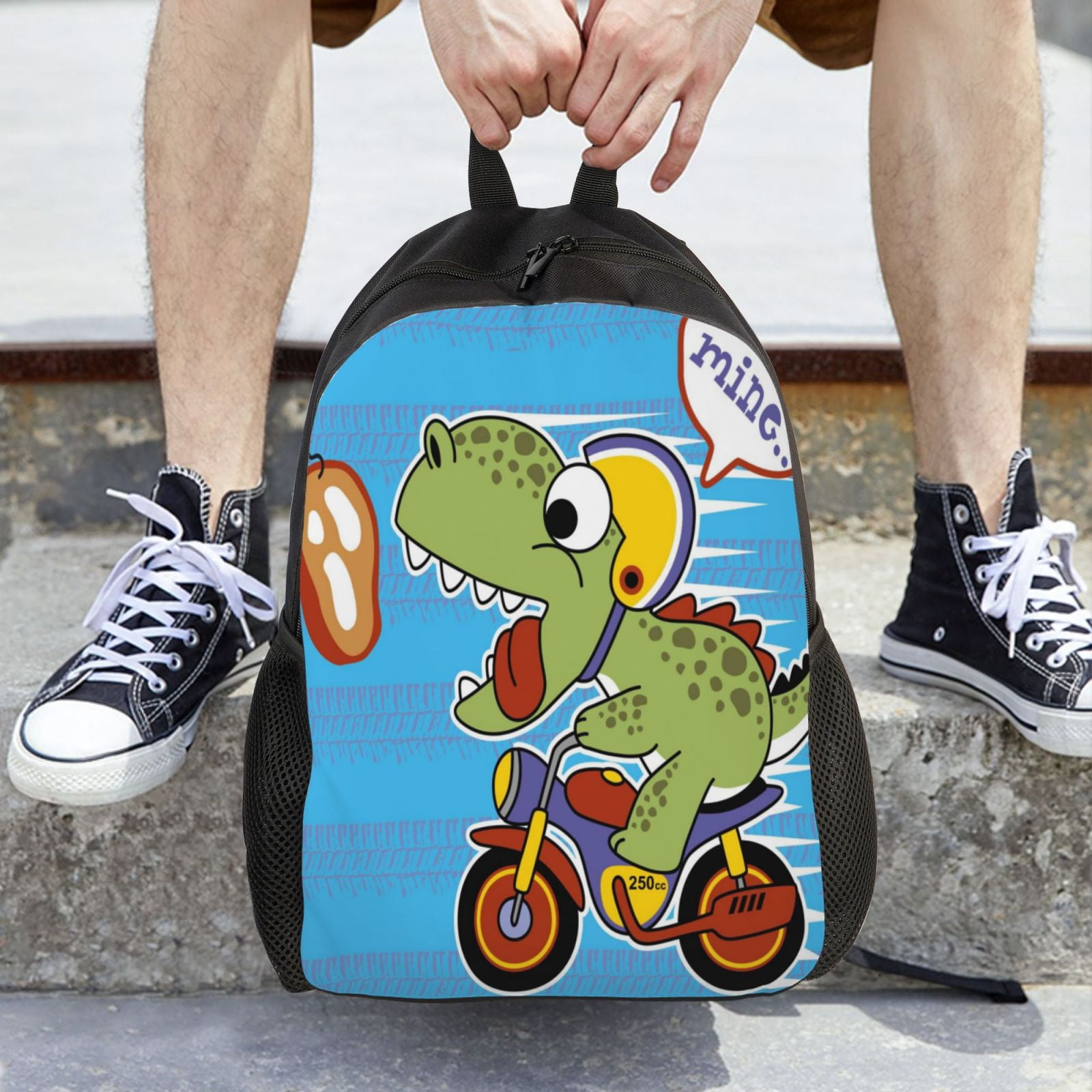 Xecao Dinosaur Riding a Motorcycle Print School Backpack with Laptop Compartment Small Travel Laptop Backpack for Women Men Waterproof College Backpack Simple School Bag