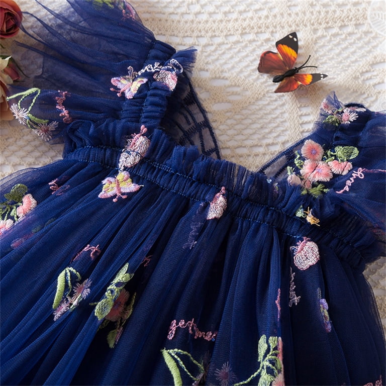 navy blue dress 5t Cethrio Birthday Dresses for Kids Girls, A-Line Summer Flutter Sleeve Mesh Princess Dresses Navy Size 4-5t, Girl's, Blue