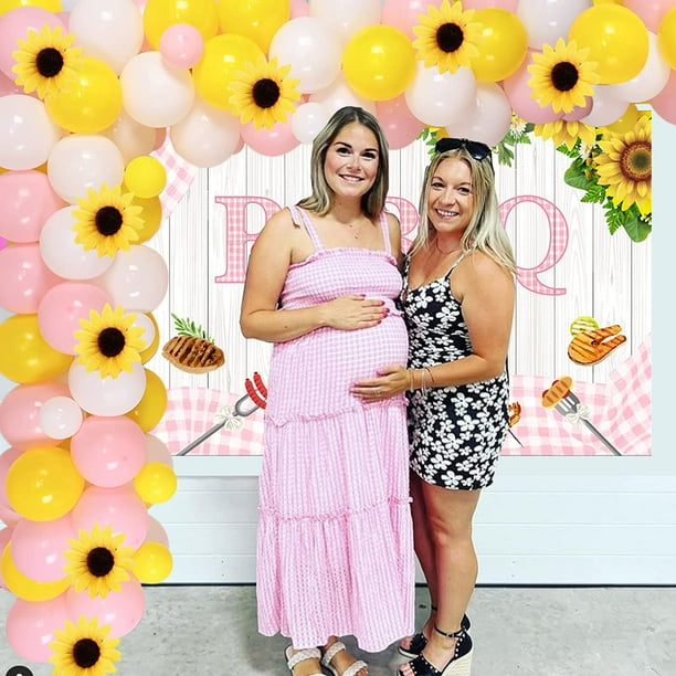 BBQ Baby Shower Decorations for Girls Baby Q Party Decorations with Pink Baby Shower Balloon Garland Kit Backdrop Simulation Sunflower for Girl Baby