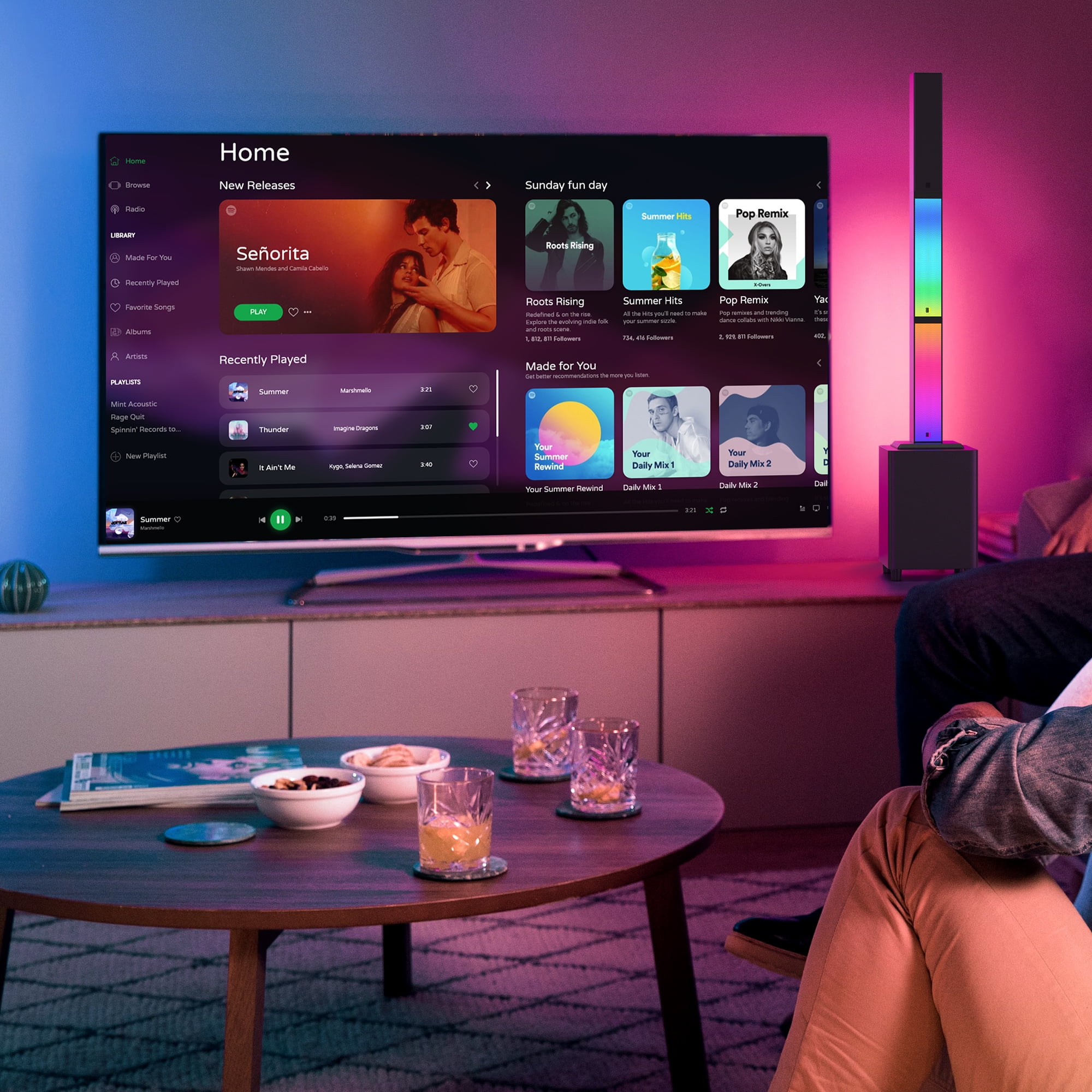 VIPQV Sound Bar with RGB Lights, Built-in Dual Subwoofer, Bluetooth 5.0 Soundbar for Home Theater, Support AUX/USB/Optical, Surround Speaker System for Karaoke