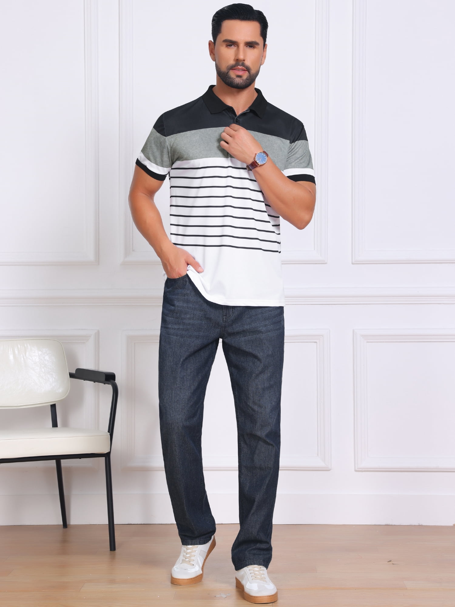 DARING DIVA Men's Colorblock Striped Short Sleeve Three Button Polo Shirts L Black White