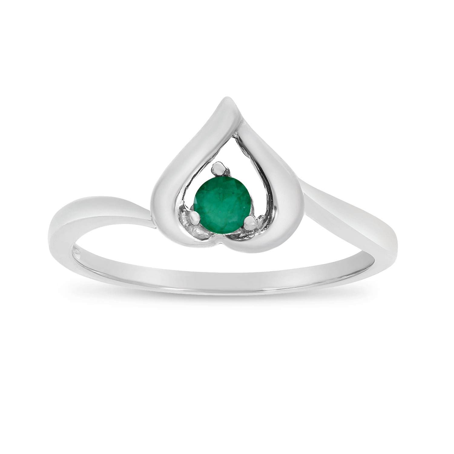 14k White Gold Round Emerald Heart Ring 