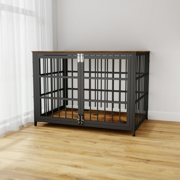 YOKWOK 48" Wooden End Table Dog Crate Furniture with Multiple Secure Locks & Top Storage, Heavy Duty Ventilated Metal Indoor Dog Kennel for Small/Medium Dogs, Aged Black