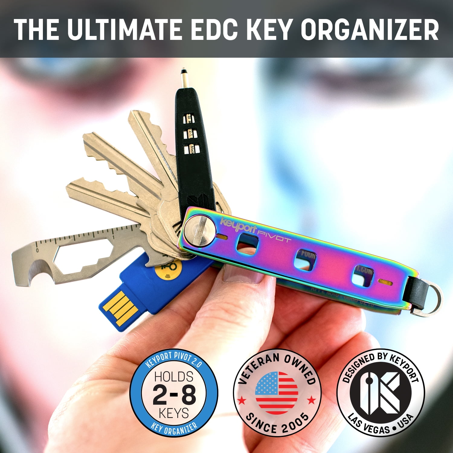 Keyport Pivot 2.0 Key Organizer Keychain (Iridescent Stainless Steel) - Keys + Pocket Tools + Lost & Found All-in-One