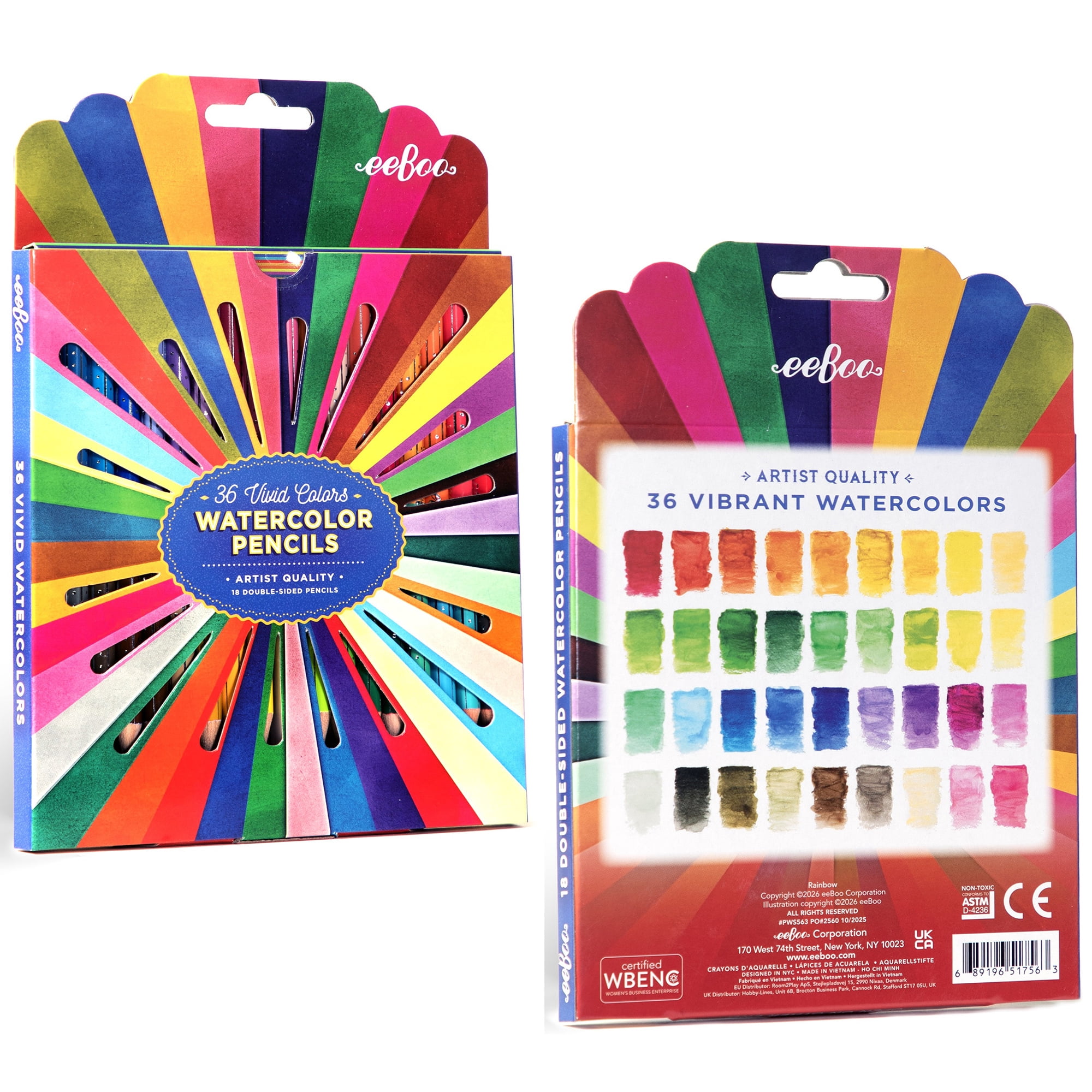 eeBoo: Watercolor Pencils - Rainbow - 18 Double-Sided Pieces, 36 Colors, Foil Barrels, Artist Quality, Adults Art Supplies
