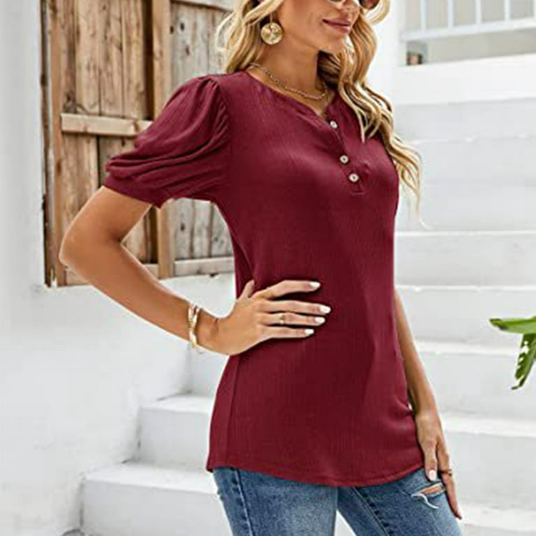 Round Neck Shirt, Soft Fabric Easy Clean Classic Puff Sleeve Top