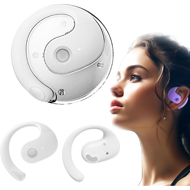 audífonos inalámbricos de traducción bluetooth hy-t26 pro, audífonos traductores de idiomas con diseño abierto tipo gancho y estuche redondo, vistas frontal y lateral que muestran botón circular y puerto de carga; auricular en oreja de modelo en tonos blanco y morado, compatible con más de 75 idiomas y traducción bidireccional en tiempo real, ideales para viajeros y conversaciones en movimiento.