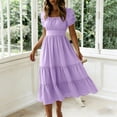 thumbnail image 4 of Iyufng Womens Long Dresses Summer Short Sleeve Pleated Casual Dress Fitted Waist Square Neck Dress, 4 of 6