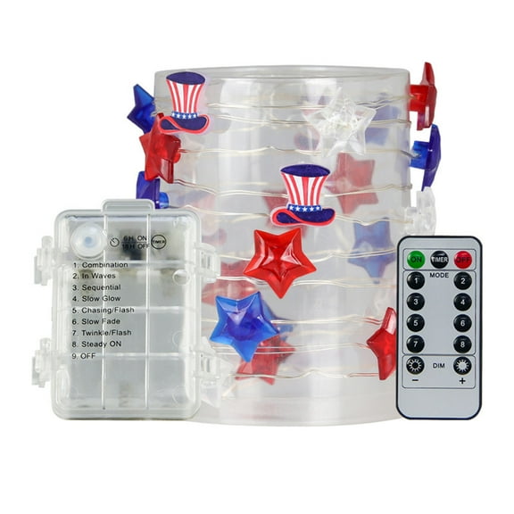Bfogop Red White Blue Star String Lights Plug in - 9.8 ft 30 LED 4th of July Decor Star Fairy Lights with Remote for Indoor Outdoor Garden Patriotic Theme Memorial Day Decor