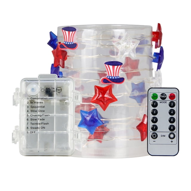 Outdoor String Lights LED Red White Blue Flag Hat Design 30-Light 9.84 ft Plug-In Decorative Light Strand for Patriotic Holiday Decor