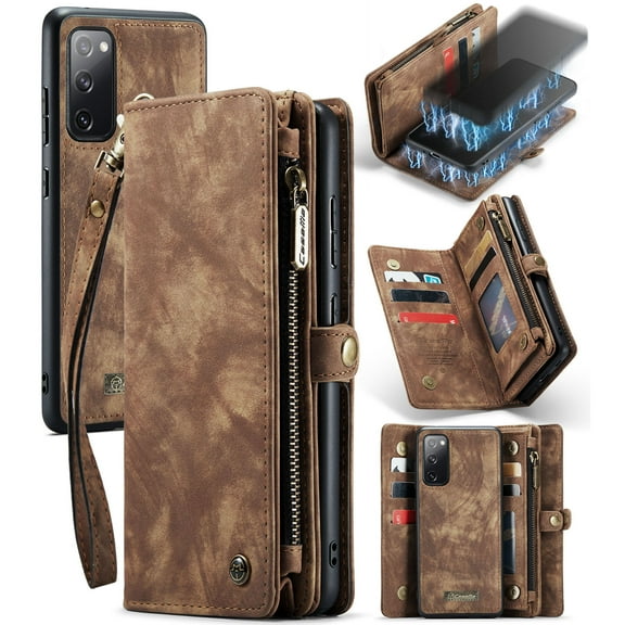 Feishell Durable 2-In-1 Magnetic Detachable Wallet Case for Samsung Galaxy S20 FE,for Women Men,Premium PU Leather Zipper Pocket Flip Multi Card Slots Purse Phone Case with Wrist Strap,Darkbrown