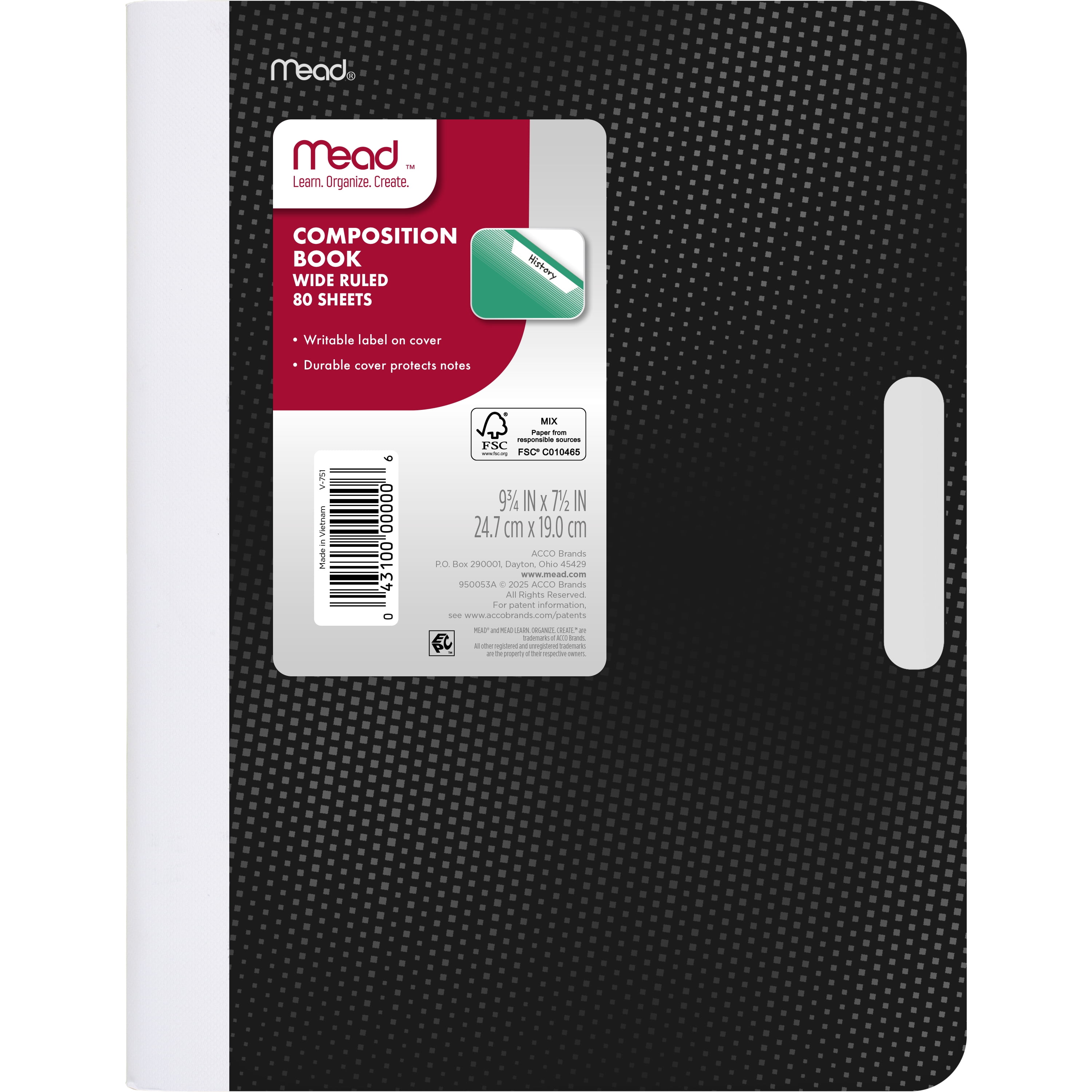 (2 pack) Mead Composition Book, Wide Ruled, 80 Sheets, 7.5" x 9.75", Black