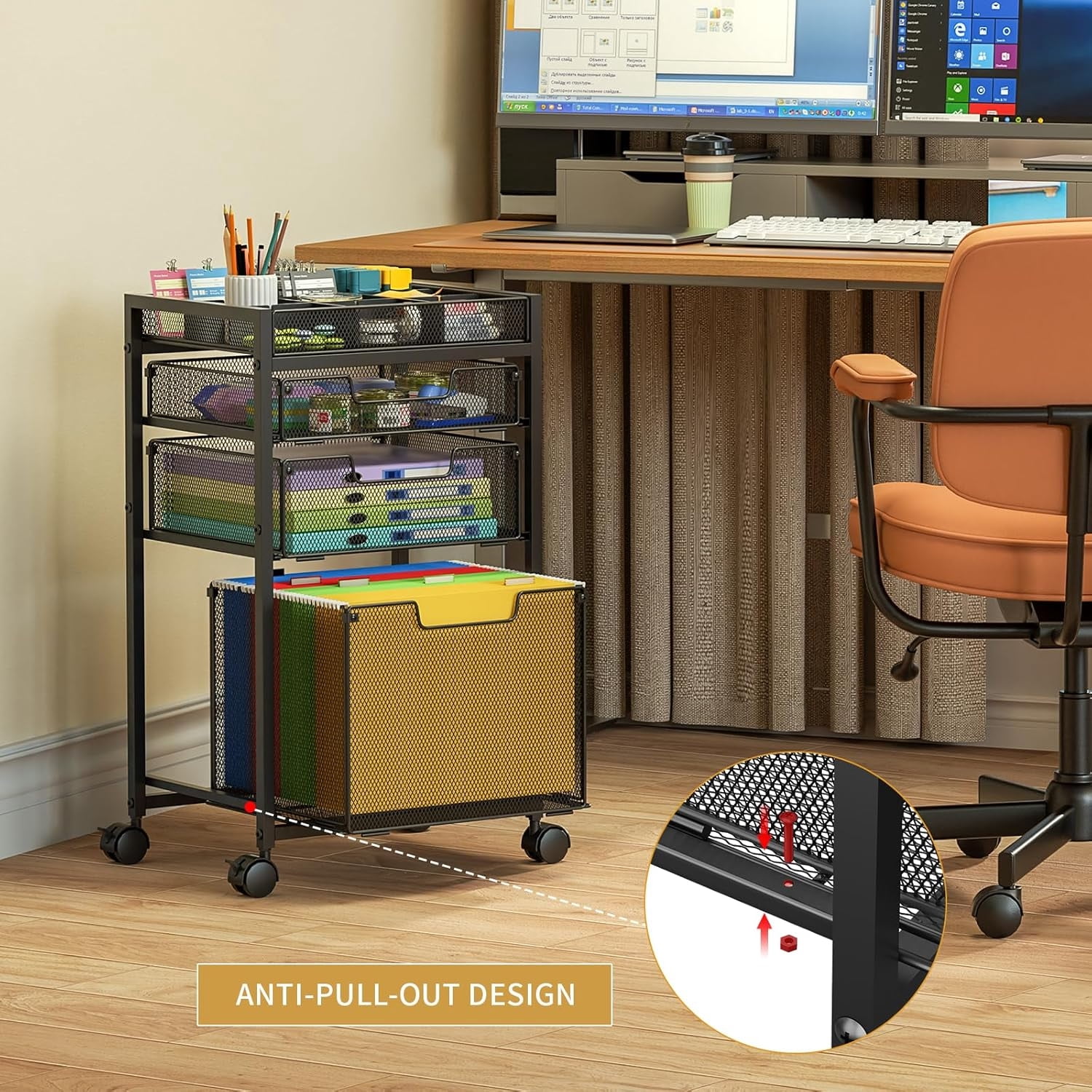 Rolling File Cart with 3 Storage Drawers, Under Desk Filing Cabinet with DIY Divider, Hanging File Folder Organizer on Wheels, Fits A4/Letter Size, Metal Utility Cart for Home Office