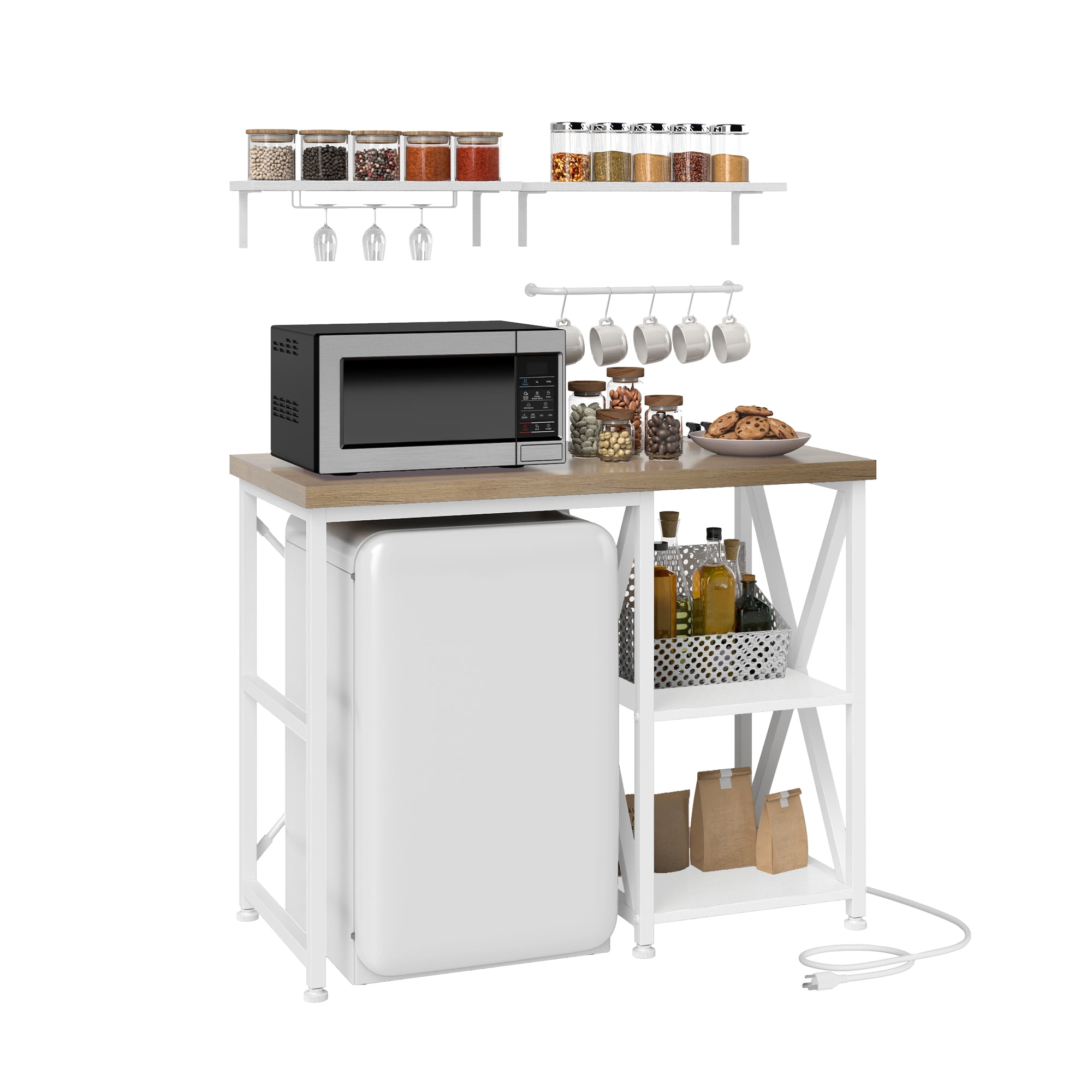 Uforic Kitchen Bakers Rack with Power Outlets & Wall Mount Storage Shelves, White