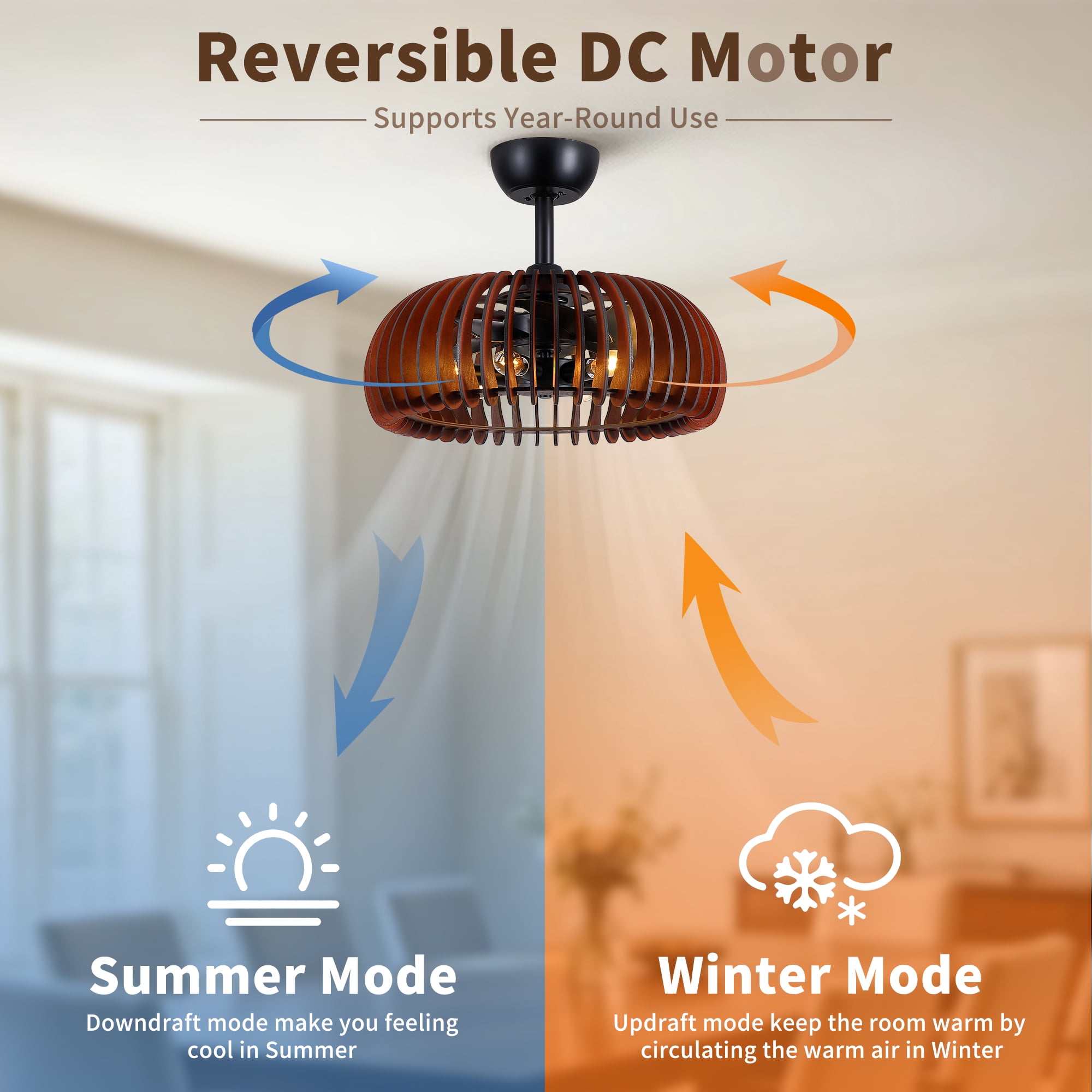 Leumius 20" Pumpkin Wood Ceiling Fan, Rustic Farmhouse Plywood Fandelier with 6 E12 Sockets, Reversible DC Motor, Adjustable Hanging, 6 Speeds Remote Control Ceiling Fan for Dining Room Kitchen
